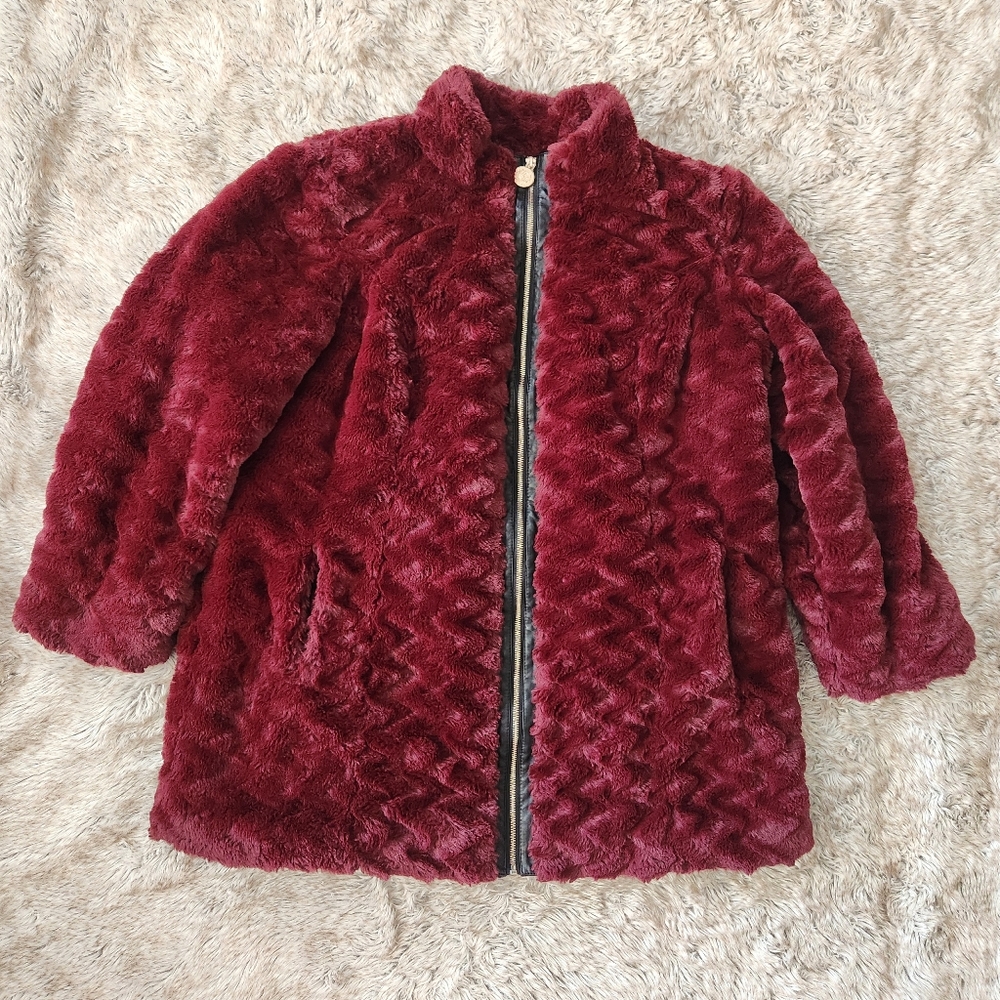 Dennis By Dennis Basso Sculpted Faux Fur‎ Burgundy Red Coat Women's Size 2X